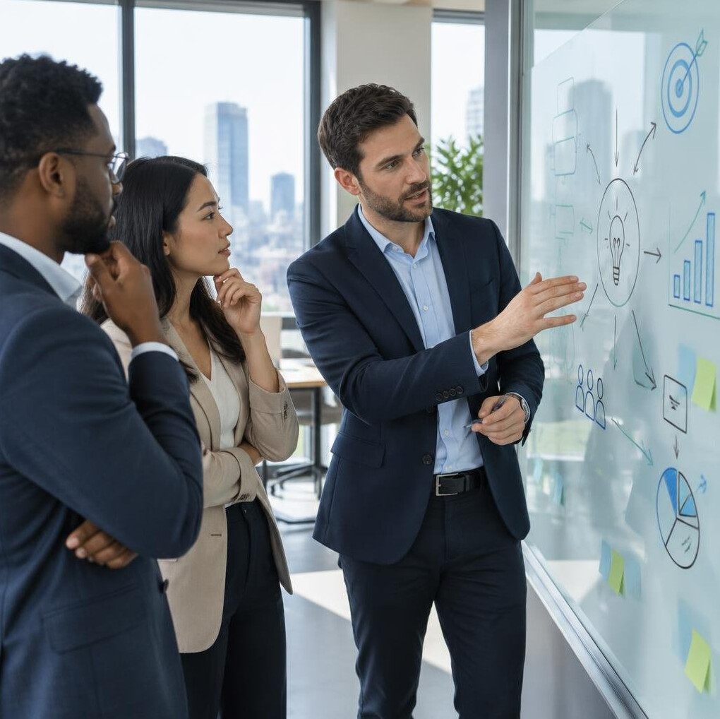 Business professionals brainstorming at a whiteboard